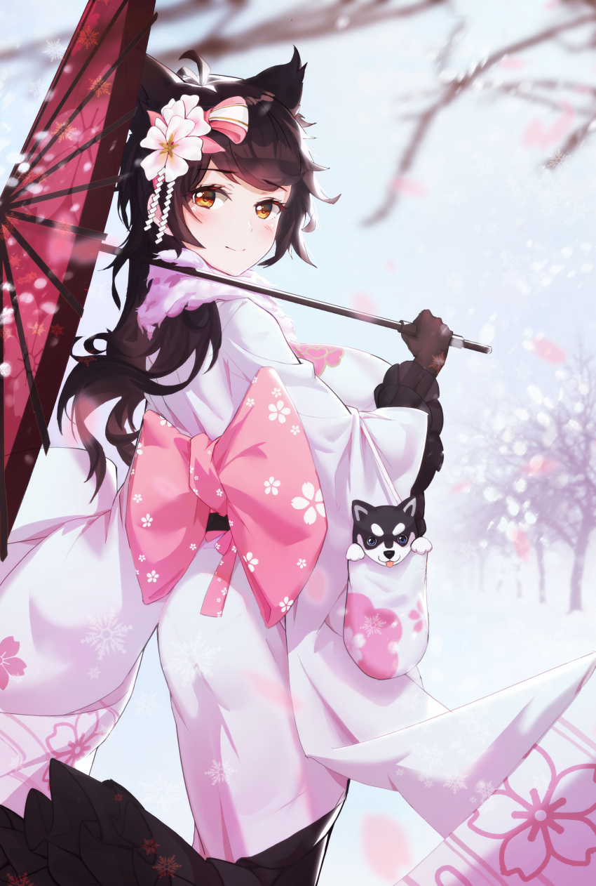 1girl absurdres antenna_hair atago_(azur_lane) azur_lane bare_tree black_hair blue_eyes blurry blush brown_eyes brown_gloves closed_mouth depth_of_field dog floral_print flower from_side gloves hair_flower hair_ornament highres holding holding_umbrella ili japanese_clothes kimono long_hair looking_at_viewer obi oriental_umbrella sash smile snow tongue tongue_out tree umbrella