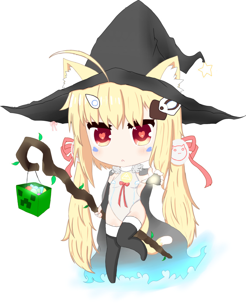 1girl :o absurdres ahoge animal_ears azur_lane bailingxiao_jiu bangs black_gloves black_hat black_legwear blonde_hair blush candy cape cat_ears cat_girl cat_tail chibi commentary_request creeper ears_through_headwear elbow_gloves eldridge_(azur_lane) facial_mark fingerless_gloves food fur-trimmed_cape fur_trim gloves grey_cape grey_leotard hair_between_eyes hair_ribbon hat heart heart-shaped_pupils highres holding holding_staff kemonomimi_mode leotard looking_at_viewer minecraft outstretched_arm parted_lips pink_ribbon red_eyes ribbon solo staff standing standing_on_one_leg star symbol-shaped_pupils tail thigh-highs torn_cape witch_hat wooden_staff