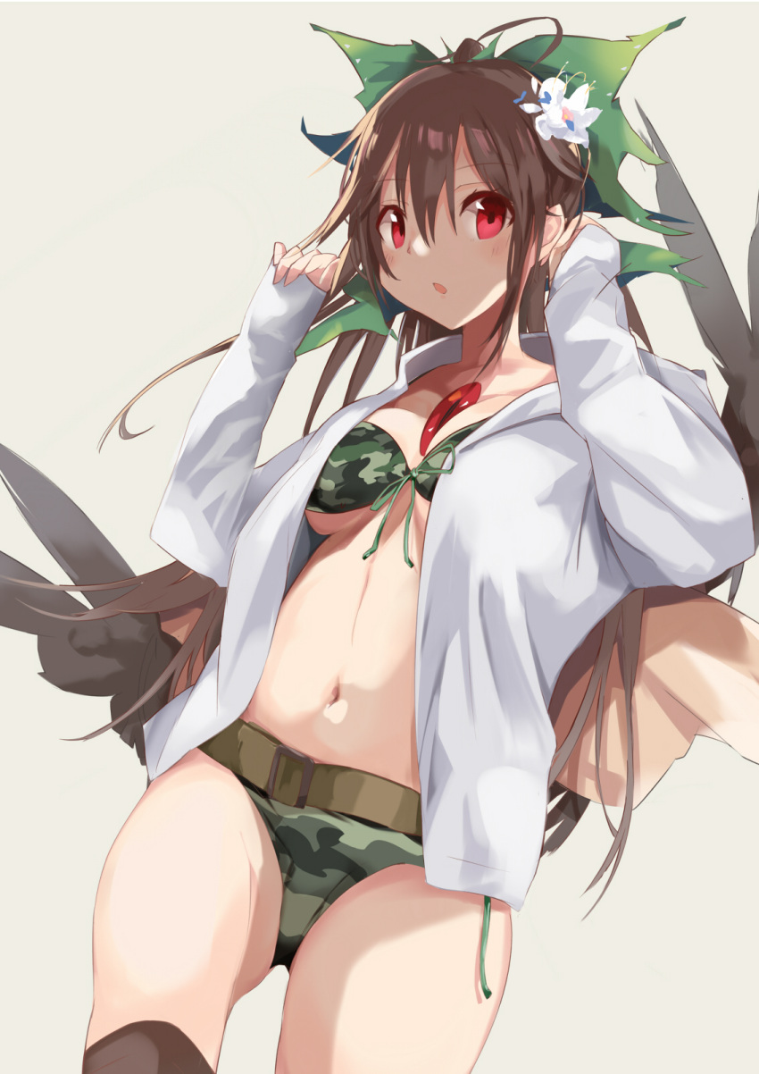 1girl :o belt bikini bow breasts brown_hair camouflage camouflage_bikini commentary_request flower green_bow hair_between_eyes hair_bow hair_flower hair_ornament hands_up highres hood hoodie long_sleeves looking_at_viewer navel open_clothes open_hoodie red_eyes reiuji_utsuho small_breasts solo solo_focus stomach swimsuit tetsurou_(fe+) touhou white_background white_flower
