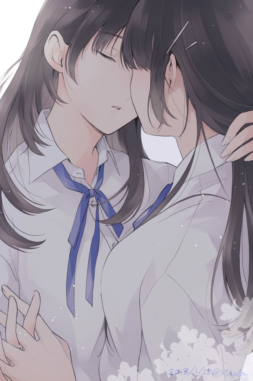 2girls black_hair blouse blue_neckwear blue_ribbon brown_hair closed_eyes collared_shirt commentary_request dated eyelashes facing_another from_behind hair_ornament hairclip hand_holding highres incoming_kiss interlocked_fingers long_hair multiple_girls neck_ribbon original parted_lips ribbon saki_hajime shirt simple_background twitter_username upper_body white_background white_blouse white_shirt wing_collar yuri