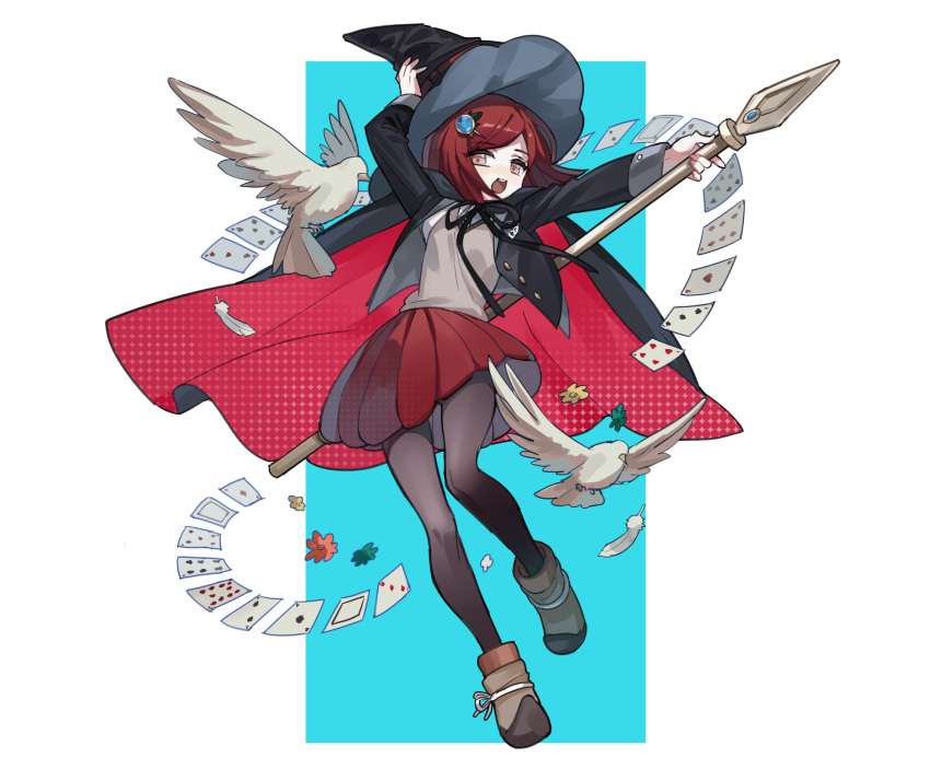 1girl bird boots brown_eyes cape card dangan_ronpa dove full_body hair_ornament hairclip hat highres holding holding_hat holding_staff new_dangan_ronpa_v3 open_mouth pantyhose pleated_skirt redhead short_hair skirt solo staff unagi_(515816703) witch_hat yumeno_himiko