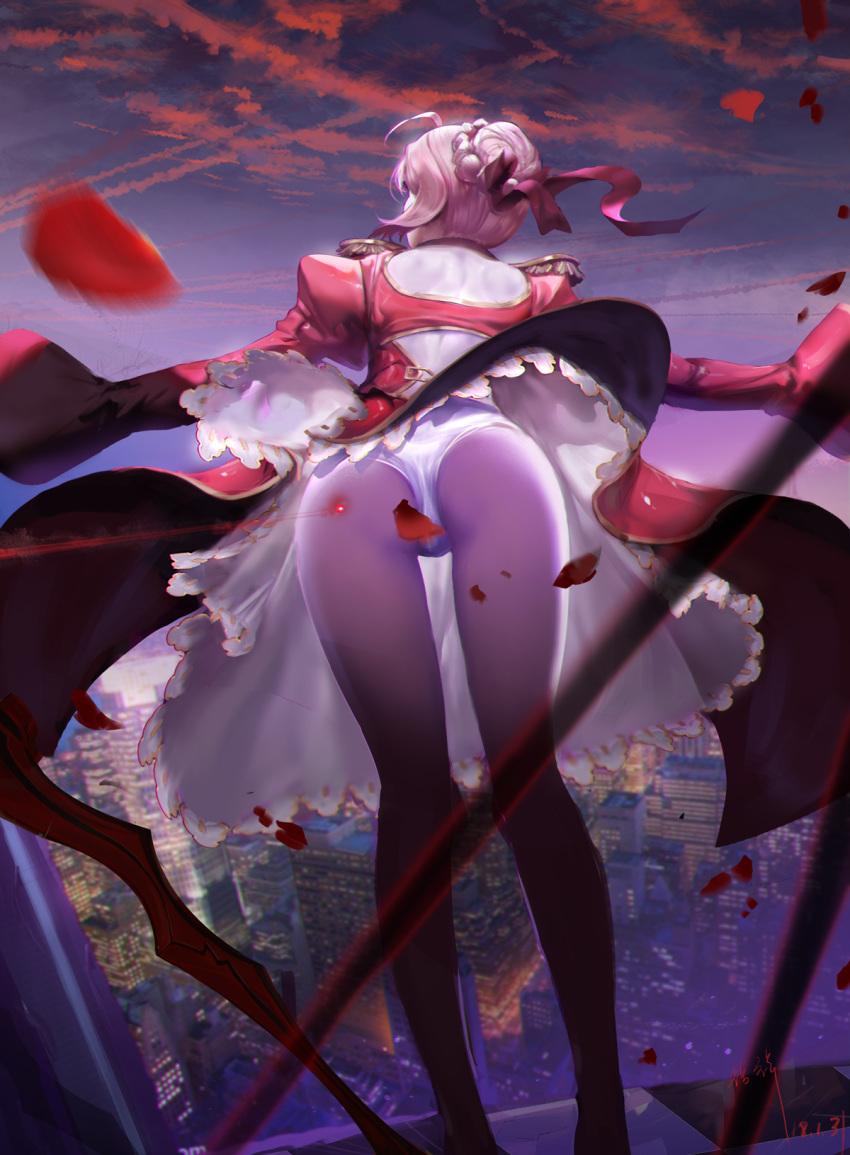 1girl aestus_estus ass blonde_hair cityscape commentary_request dated dress fate/extra fate_(series) from_behind hair_bun highres lace lace-trimmed_dress laser long_sleeves looking_afar nero_claudius_(fate) nero_claudius_(fate)_(all) panties petals rabbit_(tukenitian) red_dress red_ribbon ribbon rose_petals skirt skirt_lift solo standing underwear