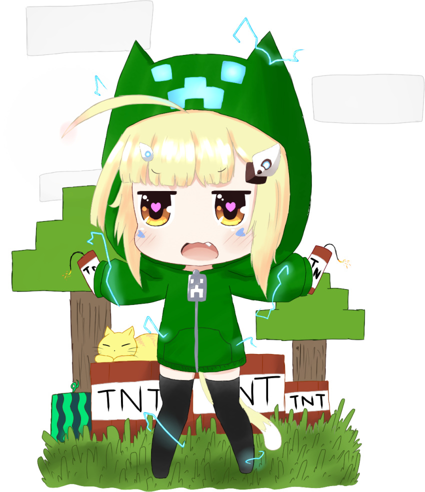 1girl ahoge animal animal_ears animal_hood azur_lane bailingxiao_jiu bangs black_legwear blush brown_eyes cat cat_ears cat_girl cat_hood cat_tail chibi clouds commentary_request creeparka creeper crossover dynamite eldridge_(azur_lane) electricity eyebrows_visible_through_hair facial_mark fang green_hoodie heart heart-shaped_pupils highres holding hood hood_up hoodie kemonomimi_mode minecraft no_shoes open_mouth sidelocks solo standing symbol-shaped_pupils tail thigh-highs tnt tree v-shaped_eyebrows white_background zipper_pull_tab