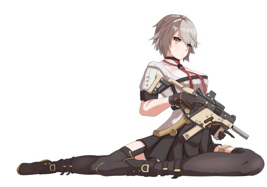 1girl absurdres black_footwear black_legwear breasts cleavage_cutout garter_straps girls_frontline high-waist_skirt highres holding holding_weapon kriss_vector looking_at_viewer pleated_skirt rlin short_hair short_sleeves sitting skirt thigh-highs vector_(girls_frontline) weapon white_hair yellow_eyes zettai_ryouiki