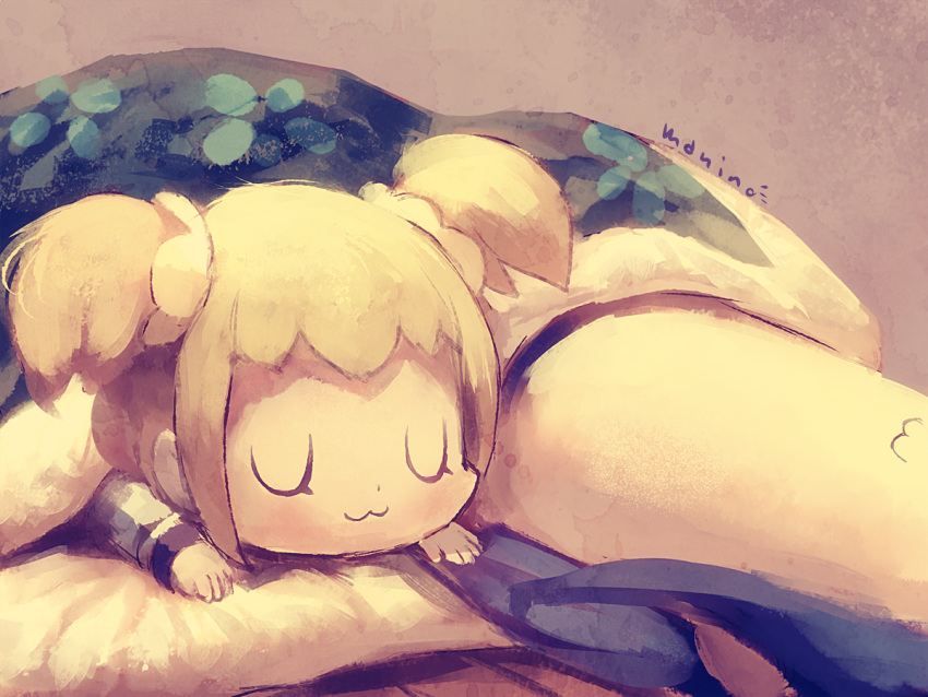 2girls :3 artist_name bed_sheet blonde_hair blue_hair chibi closed_eyes closed_mouth commentary_request hair_ornament hair_scrunchie long_hair long_sleeves lying manino_(mofuritaionaka) multiple_girls on_back on_stomach pipimi poptepipic popuko scrunchie short_hair signature sleeping twintails u_u under_covers
