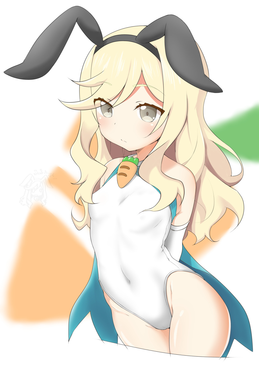 1girl absurdres animal_ears arms_behind_back blonde_hair blue_cape blue_eyes cape carrot character_request copyright_request covered_navel coyomin elbow_gloves fake_animal_ears gloves hairband highres leotard long_hair rabbit_ears solo upper_body white_gloves white_leotard