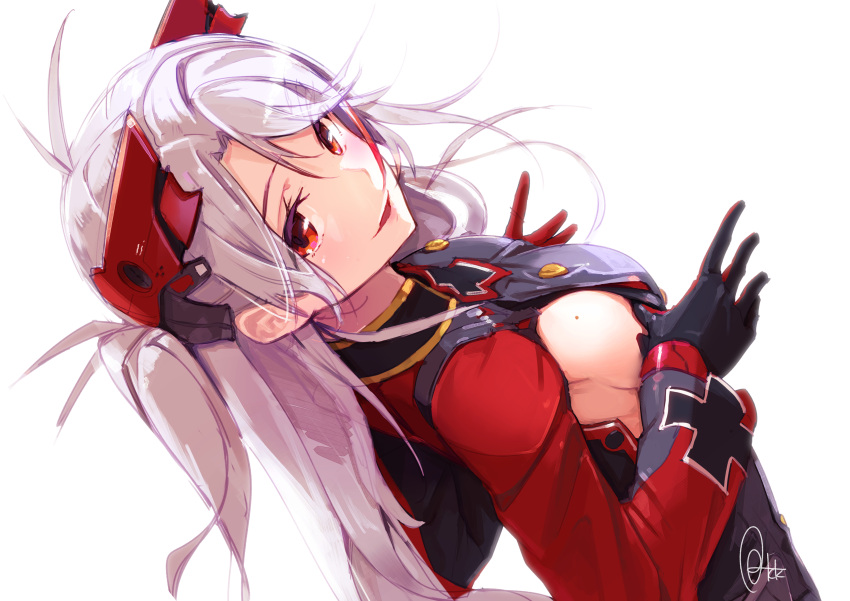 1girl absurdres antenna_hair azumi_akitake azur_lane breasts commentary_request gloves hair_ornament headgear highres iron_cross long_hair long_sleeves medium_breasts military military_uniform multicolored_hair orange_eyes prinz_eugen_(azur_lane) red_eyes redhead sideboob signature silver_hair simple_background streaked_hair two_side_up uniform upper_body white_background