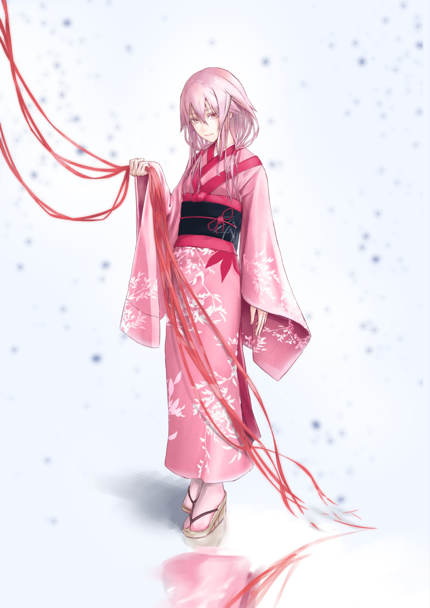 1girl arm_at_side eyebrows_visible_through_hair fattybot full_body guilty_crown hair_between_eyes head_tilt highres japanese_clothes kimono light_smile long_hair looking_at_viewer low_twintails obi pink_eyes pink_hair pink_legwear red_ribbon reflection ribbon sandals sash sleeves_past_wrists solo standing tree_print twintails wide_sleeves yuzuriha_inori