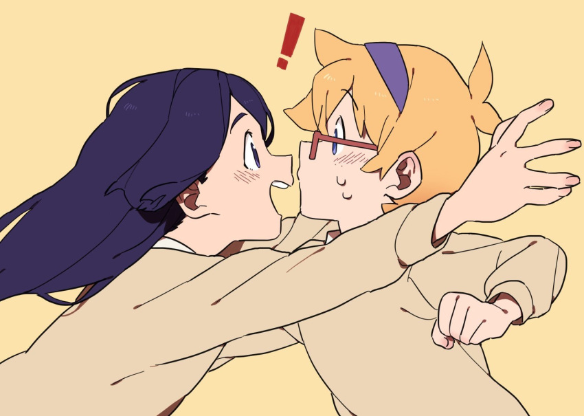 ! 2girls barbara_parker black_eyes black_hair blonde_hair blue_eyes blue_hairband blush face-to-face from_side glasses hair_between_eyes hairband little_witch_academia long_hair long_sleeves lotte_jansson multiple_girls ntnt_39 open_mouth outstretched_arms short_hair sweat yellow_background yuri