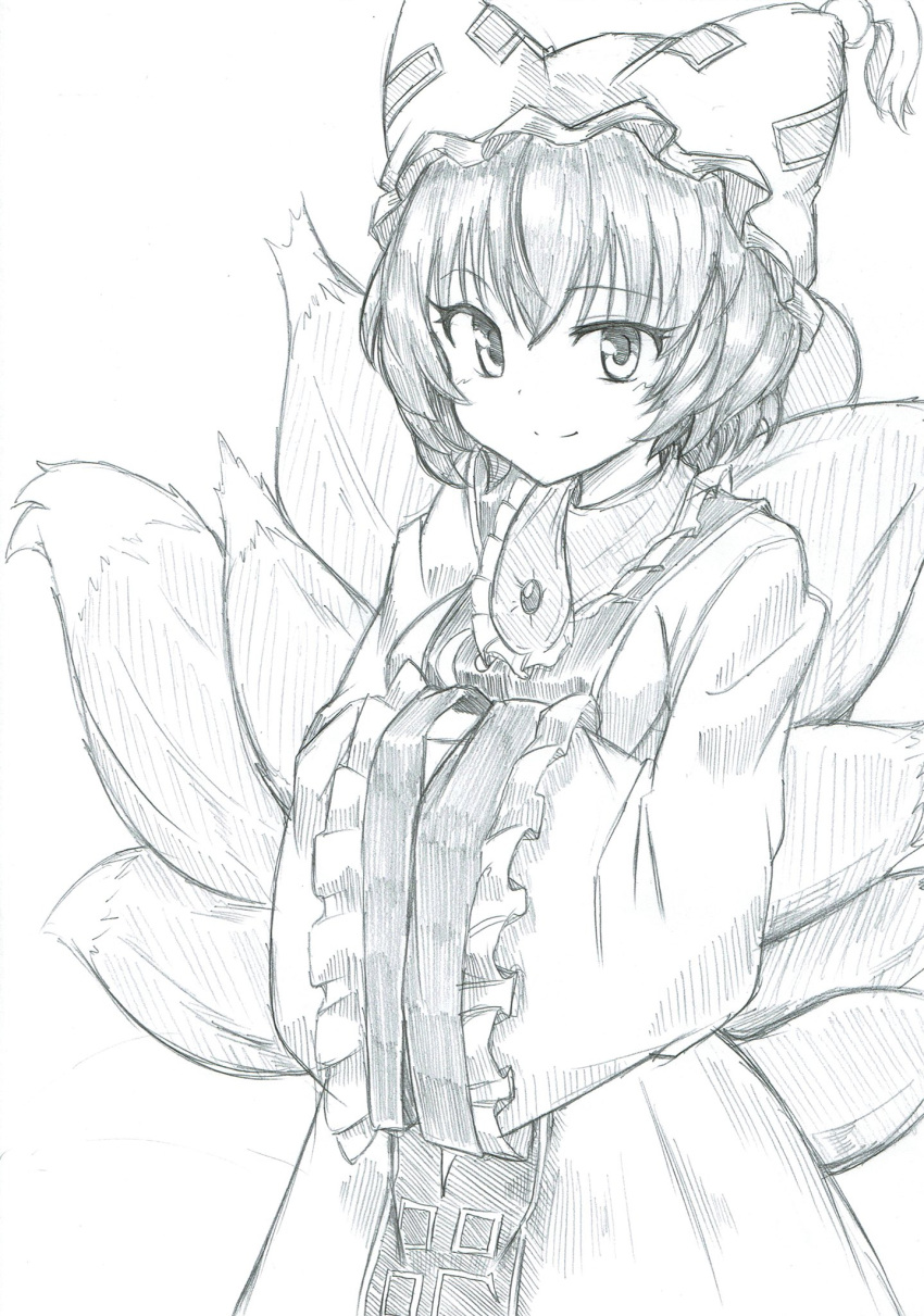 1girl animal_ears cowboy_shot eyebrows_visible_through_hair fox_ears fox_tail frills greyscale hands_in_sleeves hat highres long_sleeves looking_at_viewer mahiro_(akino-suisen) mob_cap monochrome multiple_tails pillow_hat short_hair solo tabard tail tassel touhou traditional_media wide_sleeves yakumo_ran