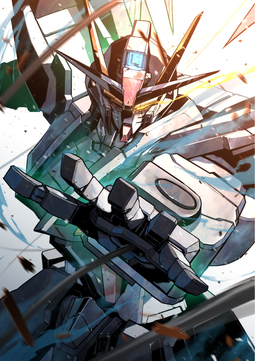 cable debris eye_trail foreshortening glowing glowing_eye gundam gundam_seed gundam_seed_c.e._73:_stargazer highres kuri_giepi light_trail looking_at_viewer mecha mobile_suit no_humans open_hand outstretched_arm robot science_fiction solo strike_noir v-fin yellow_eyes