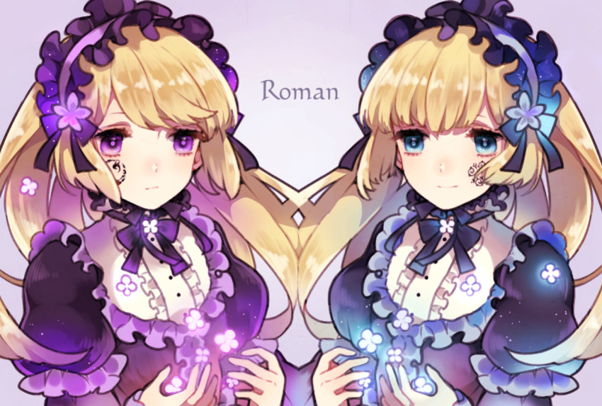 2girls biskekun blonde_hair blue_eyes commentary_request copyright_name dress flower frills gothic_lolita headdress hortense lolita_fashion long_hair multiple_girls roman siblings smile sound_horizon twins violet_eyes violette