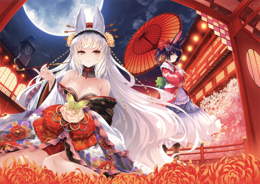 1girl ;&gt; absurdres animal_ears bangs bent_knees black_hair blonde_hair blush bra breasts bush butterfly cleavage clock clock_tower closed_mouth clouds crossed_arms dress drill_hair hair_ornament hair_ribbon highres holding japanese_clothes lights long_hair looking_at_viewer moon multicolored multicolored_clothes multicolored_dress night open_clothes open_shirt orange_eyes original rabbit_ears red_ribbon ribbon scan shirt sitting sky smoking solo tower umbrella underwear very_long_hair window yashima_takahiro yellow_eyes