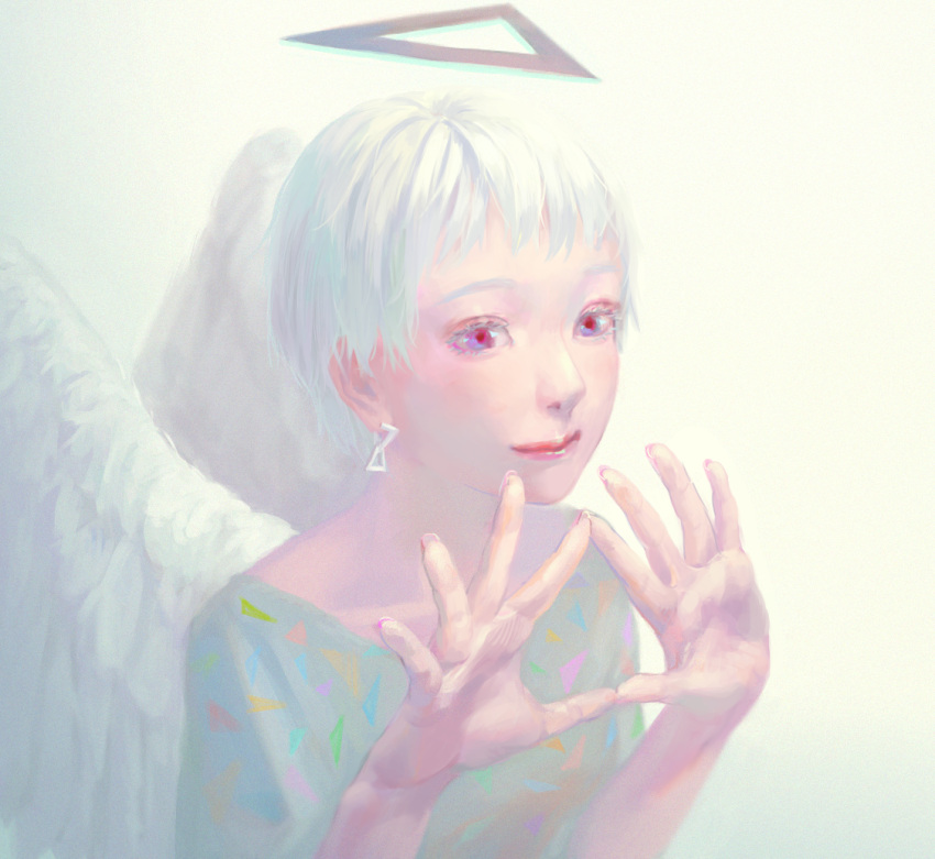 1girl angel angel_wings blue_eyes blue_shirt closed_mouth earrings fingernails halo hands_up jewelry looking_at_viewer original red_pupils shirt short_hair smile solo tunapon01 white_hair wings