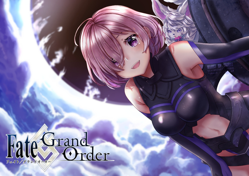 1girl :d ahoge armor armored_dress artist_name bangs black_dress black_gloves blush breasts commentary creature dress dutch_angle elbow_gloves fate/grand_order fate_(series) fou_(fate/grand_order) gloves hair_over_one_eye holding holding_shield large_breasts looking_at_viewer mash_kyrielight navel open_mouth pink_hair saruei shield sleeveless sleeveless_dress smile upper_teeth violet_eyes