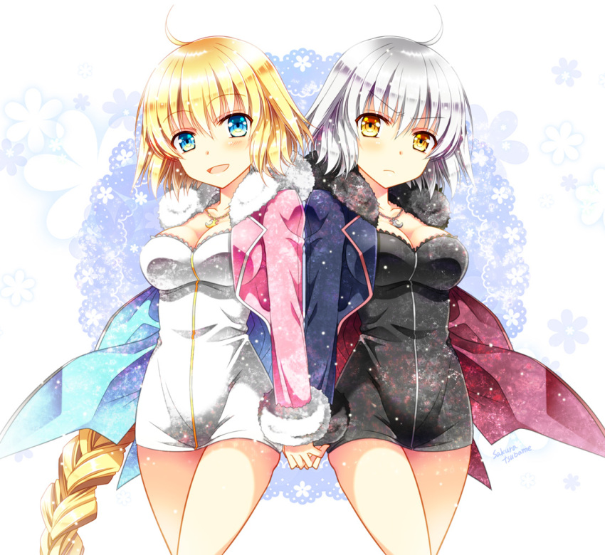 2girls ahoge alternate_costume back-to-back blonde_hair blue_eyes braid breasts chains cleavage closed_eyes collarbone commentary_request dual_persona fate/grand_order fate_(series) fur_collar fur_trim hand_holding jeanne_d'arc_(alter)_(fate) jeanne_d'arc_(fate) jeanne_d'arc_(fate)_(all) large_breasts long_braid long_hair looking_at_viewer multiple_girls open_mouth sakura_tsubame short_hair silver_hair single_braid twitter_username very_long_hair yellow_eyes