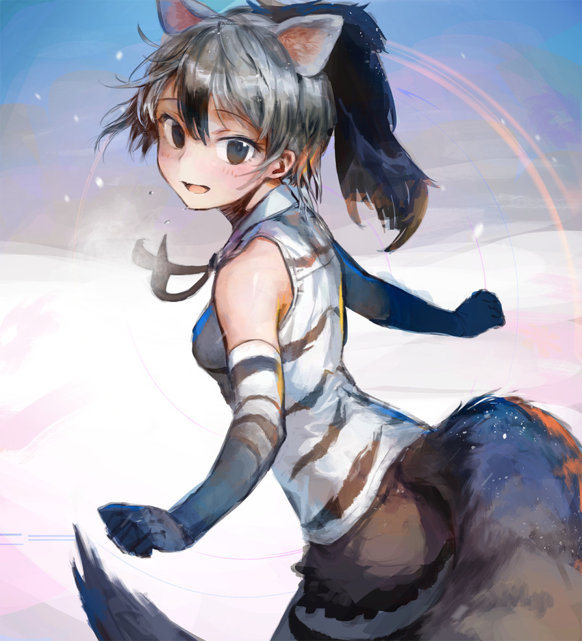 1girl :d aardwolf_(kemono_friends) aardwolf_ears aardwolf_tail animal_ears bare_shoulders black_hair black_neckwear black_ribbon blush commentary elbow_gloves gloves grey_hair hair_between_eyes highres kemono_friends looking_at_viewer looking_to_the_side multicolored_hair neck_ribbon open_mouth ponytail ribbon shirt smile solo standing streaked_hair striped striped_shirt tail treeware