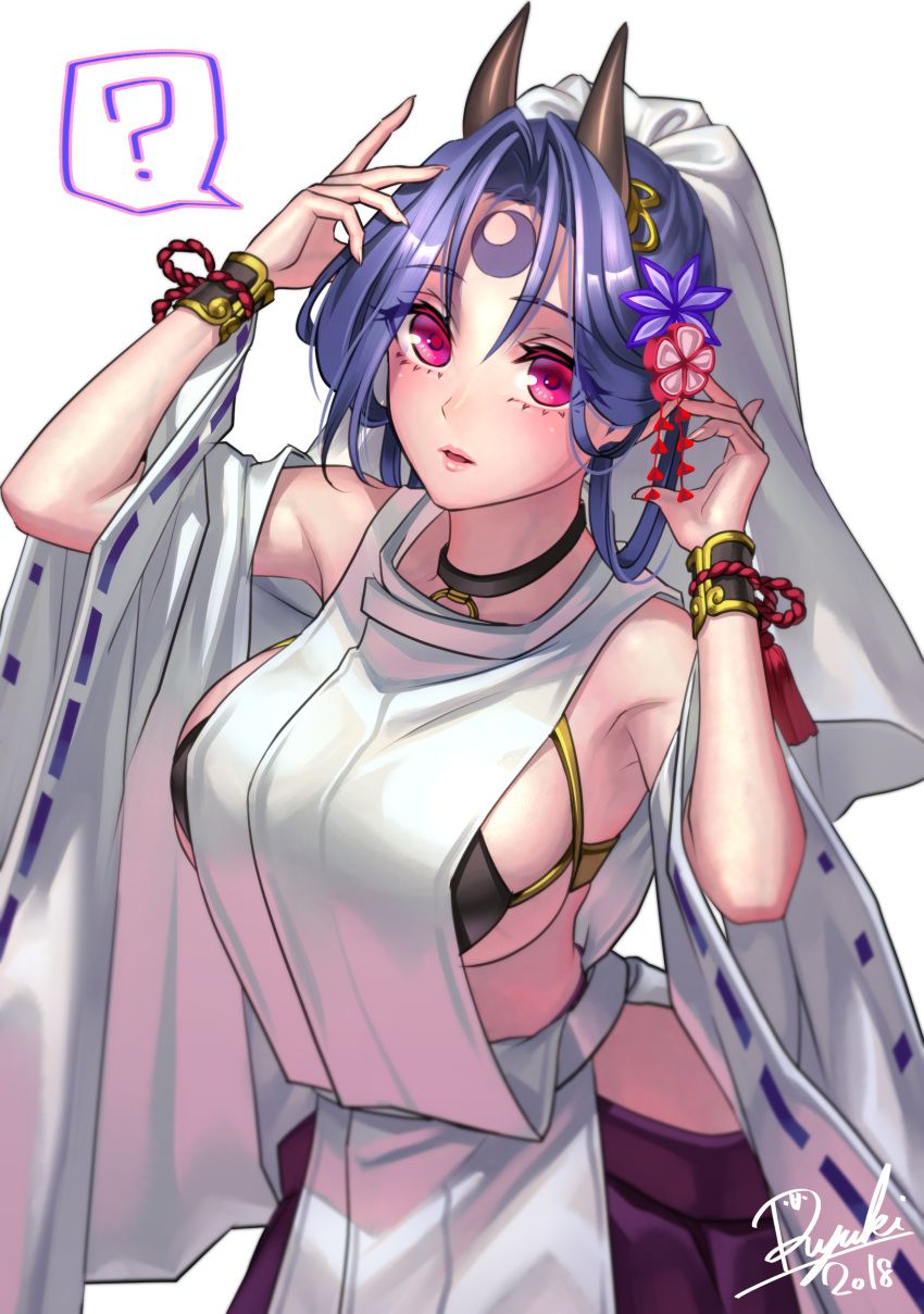 1girl absurdres arms_up breasts facial_mark hair_ornament highres horns japanese_clothes large_breasts original purple_hair ryuki@maguro-ex veins veiny_breasts violet_eyes wristband