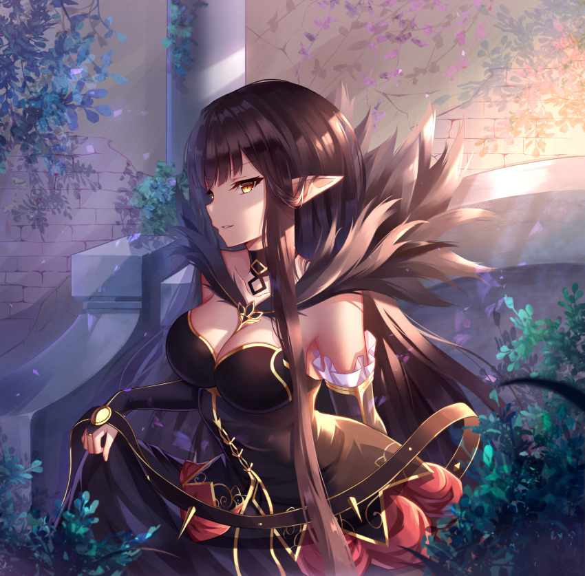 1girl assassin bare_shoulders black_dress black_hair breasts bridal_gauntlets cleavage detached_sleeves dress fate/apocrypha fate/grand_order fate_(series) fur_trim highres large_breasts long_dress long_hair looking_at_viewer peter02713 pointy_ears semiramis_(fate) smile solo spikes very_long_hair yellow_eyes