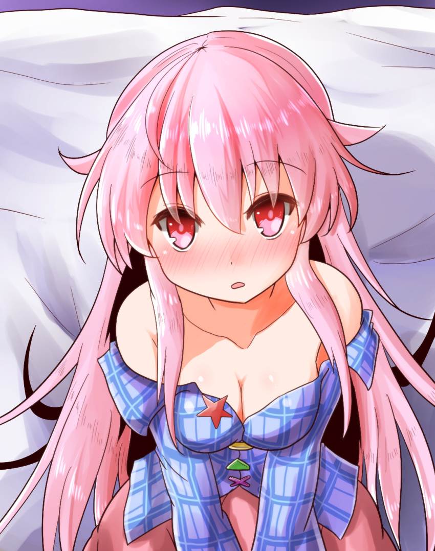 1girl bare_shoulders blue_shirt blush breasts checkered_shirt cleavage collarbone hata_no_kokoro highres long_hair looking_at_viewer medium_breasts off_shoulder open_mouth oshiaki partially_unbuttoned pink_eyes pink_hair pink_skirt shirt skirt solo touhou upper_body very_long_hair