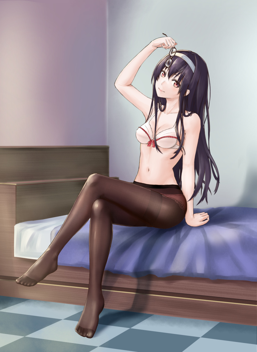 1girl arm_up black-framed_eyewear black_hair black_legwear blush bra breasts brown_eyes checkered checkered_floor closed_mouth collarbone fattybot full_body glasses hairband head_tilt highres holding_eyewear kasumigaoka_utaha legs_crossed long_hair medium_breasts navel on_bed panties panties_under_pantyhose pantyhose saenai_heroine_no_sodatekata sitting smile solo thighband_pantyhose underwear very_long_hair white_bra