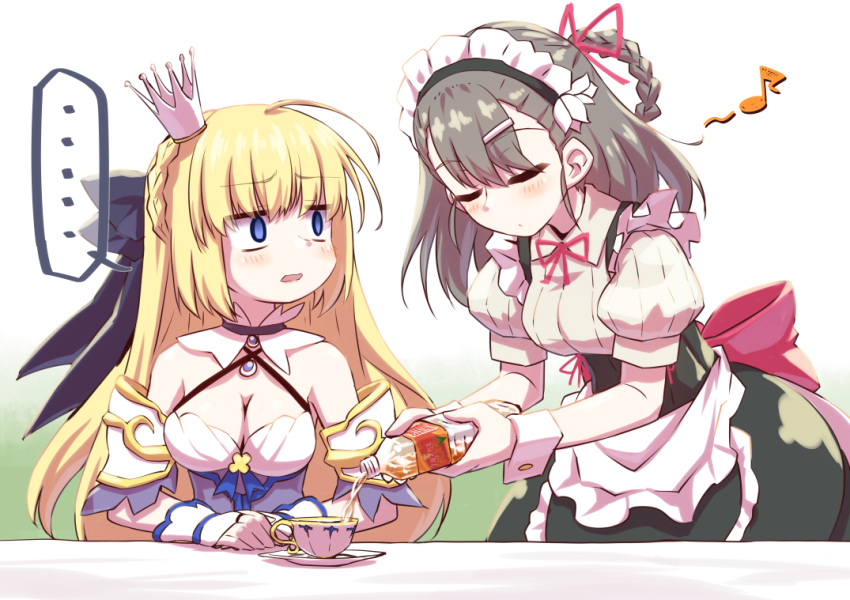 ... 2girls apron blonde_hair blue_eyes braid character_request closed_eyes crown cup flower_knight_girl long_hair maid maid_apron maid_headdress mini_crown mizunashi_(second_run) multiple_girls musical_note open_mouth teacup