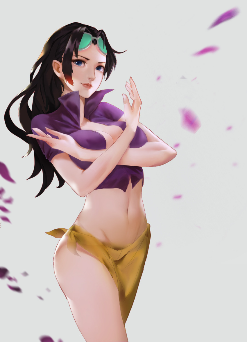 1girl absurdres blue_eyes blurry breasts brown_hair closed_mouth crop_top depth_of_field eyewear_on_head grey_background groin head_tilt highres ili large_breasts long_hair looking_at_viewer navel original petals purple_shirt sarong shirt solo standing sunglasses