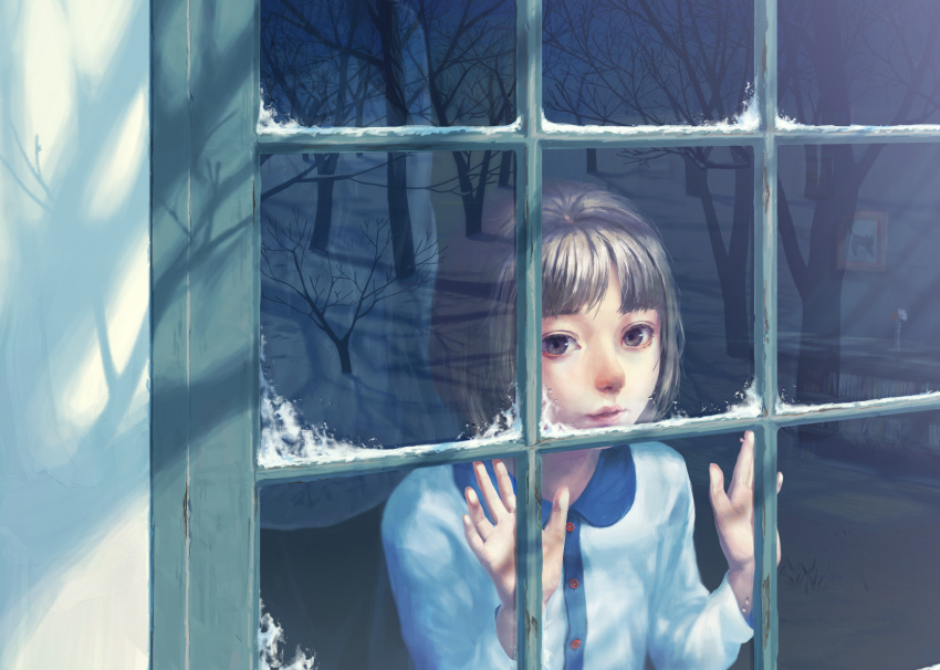 1girl against_glass bangs bare_tree blunt_bangs collared_dress dress forest from_outside grey_eyes grey_hair hands_up highres long_sleeves looking_at_viewer nature original parted_lips reflection snow solo tree tunapon01 white_dress winter