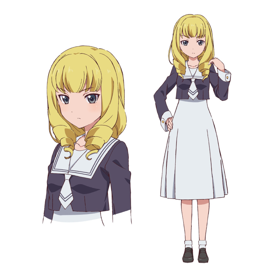 1girl action_heroine_cheer_fruits black_footwear black_jacket blonde_hair blush character_sheet commentary_request dress drill_hair expressionless eyebrows_visible_through_hair fringe grey_eyes hand_on_hip highres himeyuri_girls'_academy_uniform ide_naomi jacket loafers long_dress looking_at_viewer necktie official_art print_neckwear sailor_collar school_uniform shimura_kanon shoes simple_background socks solo white_background white_dress white_legwear white_neckwear white_sailor_collar