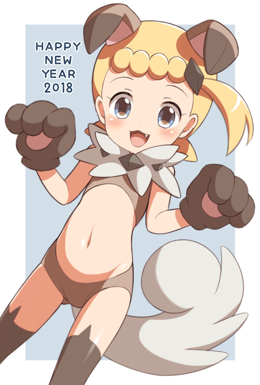 1girl 2018 :3 animal_ears blonde_hair blush cosplay eureka_(pokemon) fake_animal_ears fake_tail fang gloves happy_new_year highres midriff navel new_year open_mouth paw_gloves paws pokemon pokemon_(anime) porocha rockruff rockruff_(cosplay) short_shorts shorts smile solo tail thigh-highs wavy_mouth