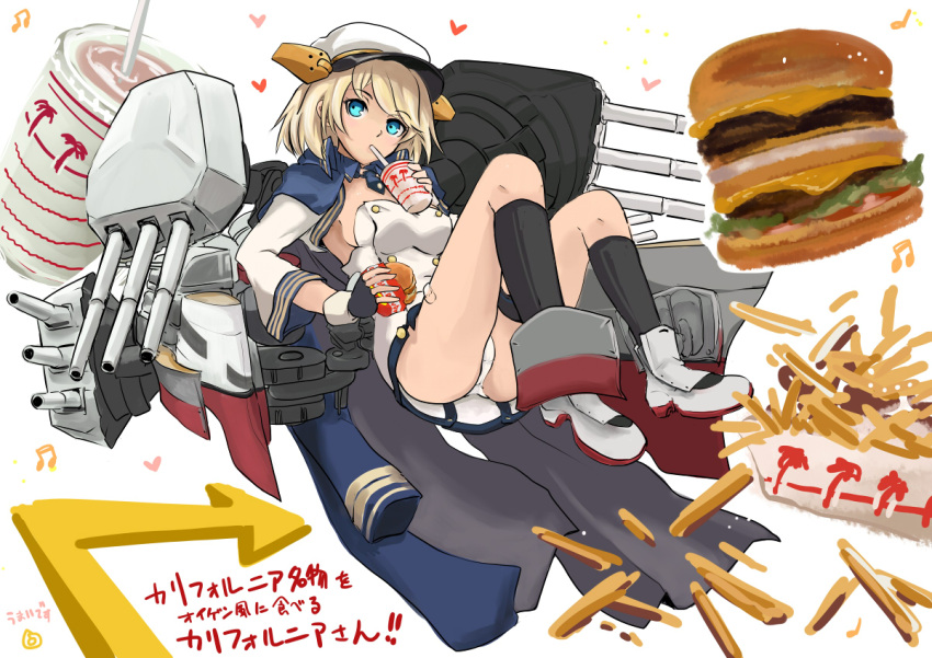 azur_lane black_gloves black_legwear blonde_hair blue_coat blue_eyes breasts california_(azur_lane) cleavage dress drinking_cup drinking_straw fingerless_gloves food french_fries gloves grey_footwear hamburger hat jacket_on_shoulders machinery microdress mishiro_shinza necktie no_bra panties short_hair thigh_strap turret underwear white_dress white_panties