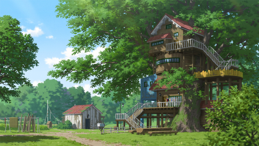 akasa_tanaha_(user_uhrn4435) blue_sky bush clouds commentary_request day forest grass house laundry nature no_humans original outdoors railing scenery sky stairs tree window