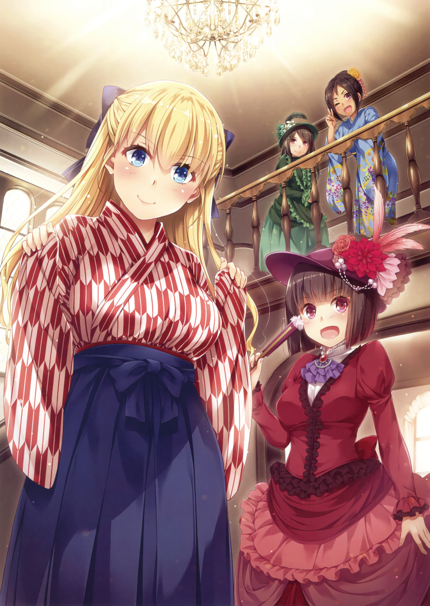 4girls ;&lt; absurdres arms_at_sides bangs banister blonde_hair blue_eyes blue_skirt blush brown_eyes brown_hair chandelier closed_mouth dress eyebrows_visible_through_hair flower hair_between_eyes hands_in_pockets hat highres holding japanese_clothes kimono light looking_at_viewer multicolored multicolored_clothes multiple_girls nakajima_yuka open_mouth original purple_hat red_flower scan skirt smile standing v window yukata