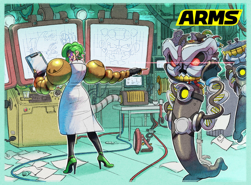 1girl arms_(game) blueprint commentary_request dr._coyle green_hair hedlok highres ishikawa_masaaki labcoat laboratory logo mechanical_arm monitor nintendo official_art pointing robot slime the_cell