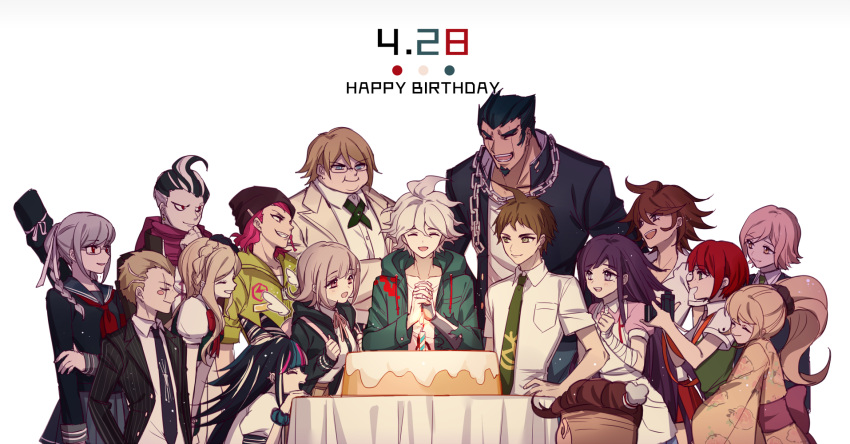 6+boys 6+girls ahoge bandage birthday_cake black_hair blonde_hair bow braid breasts brown_hair cake closed_eyes dangan_ronpa everyone facial_hair floral_print food formal glasses hair_ornament hanamura_teruteru happy_birthday hat highres hinata_hajime japanese_clothes kimono koizumi_mahiru komaeda_nagito kuzuryuu_fuyuhiko long_hair looking_at_viewer mioda_ibuki mitarai_ryouta multicolored_hair multiple_boys multiple_girls nanami_chiaki nidai_nekomaru owari_akane pekoyama_peko pink_hair saionji_hiyoko school_uniform serafuku short_hair silver_hair smile sonia_nevermind souda_kazuichi super_dangan_ronpa_2 tanaka_gandamu togami_byakuya_(super_dangan_ronpa_2) tsumiki_mikan unagi_(515816703) white_hair