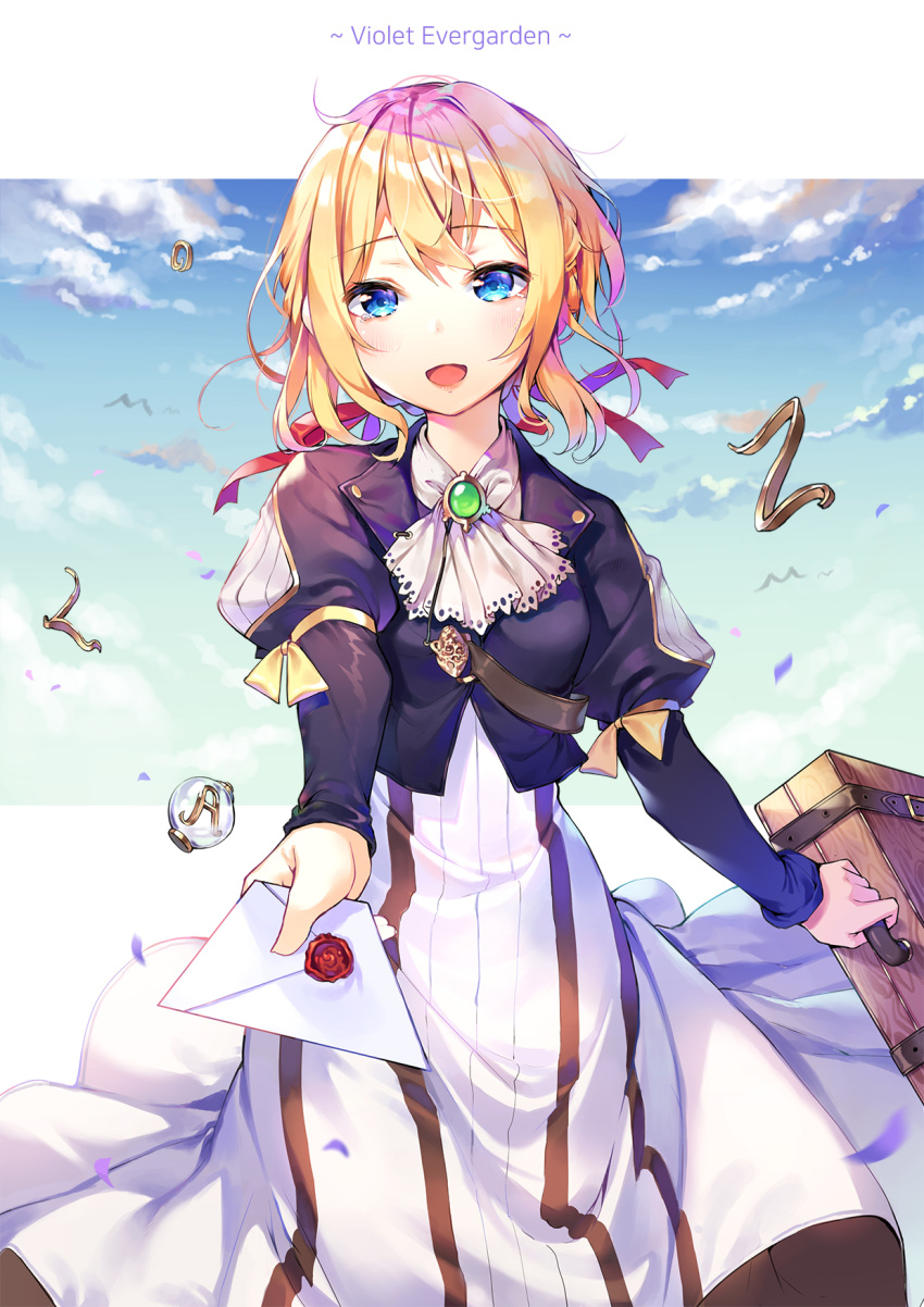 1girl :d bangs black_jacket blonde_hair blue_eyes blue_sky blush clouds commentary_request day envelope eyebrows_visible_through_hair hair_between_eyes hair_ribbon head_tilt highres holding jacket juliet_sleeves long_sleeves looking_at_viewer open_mouth outstretched_arm outstretched_arms puffy_sleeves red_ribbon ribbon shoonear sky smile solo suitcase tears violet_evergarden violet_evergarden_(character) white-framed_eyewear