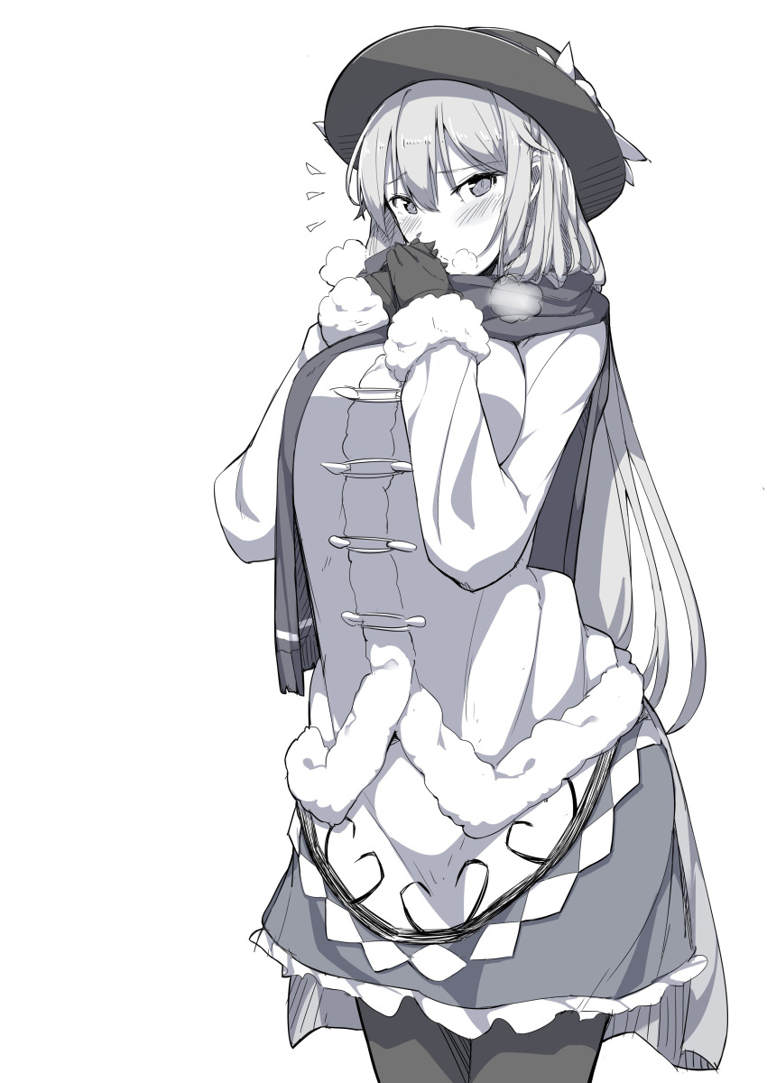 1girl absurdres alternate_costume bangs blush breasts coat cold cowboy_shot flying_sweatdrops gloves greyscale hands_up hat highres hinanawi_tenshi long_hair looking_at_viewer medium_breasts miniskirt monochrome neropaso pantyhose scarf simple_background skirt solo standing touhou white_background