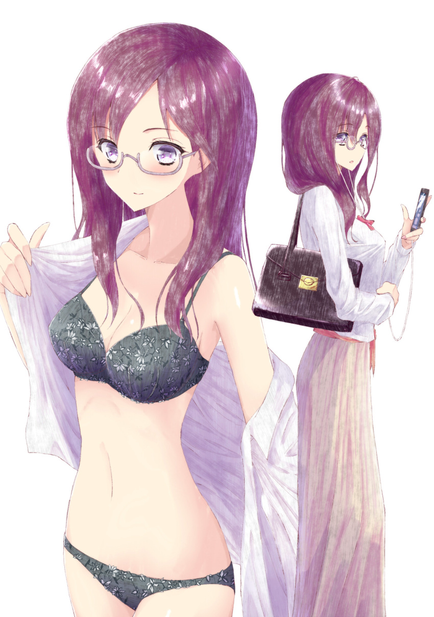 1girl alternate_costume aramachi bare_shoulders blush breasts cellphone cleavage closed_mouth collarbone commentary_request glasses highres holding holding_phone idolmaster idolmaster_cinderella_girls long_hair long_sleeves looking_at_viewer medium_breasts navel panties phone purple_hair smartphone underwear violet_eyes yagami_makino