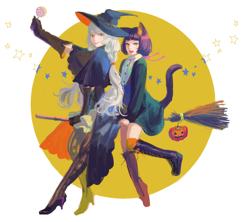 2girls :d animal_ears bangs black_footwear black_gloves blue_hat blunt_bangs blush boots broom broom_riding candy capelet cat_ears cat_tail closed_mouth dress fangs food from_side gloves green_dress green_eyes hand_up hat high_heels highres holding kneehighs lollipop long_hair long_sleeves low_twintails multiple_girls open_mouth orange_legwear original pantyhose pumpkin purple_hair red_eyes silver_hair smile star tail tunapon01 twintails witch_hat