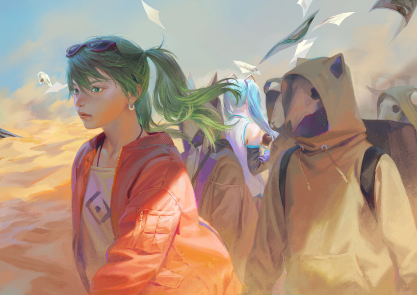 2girls bare_shoulders blue_hair blue_sky bra_strap closed_mouth commentary_request desert dual_persona eyewear_on_head facing_away green_eyes green_hair hatsune_miku highres jacket lips long_sleeves multiple_girls orange_jacket outdoors sand shirt sky sleeveless sleeveless_shirt standing suna_no_wakusei_(vocaloid) sunglasses tunapon01 twintails vocaloid walking white_shirt wing_collar
