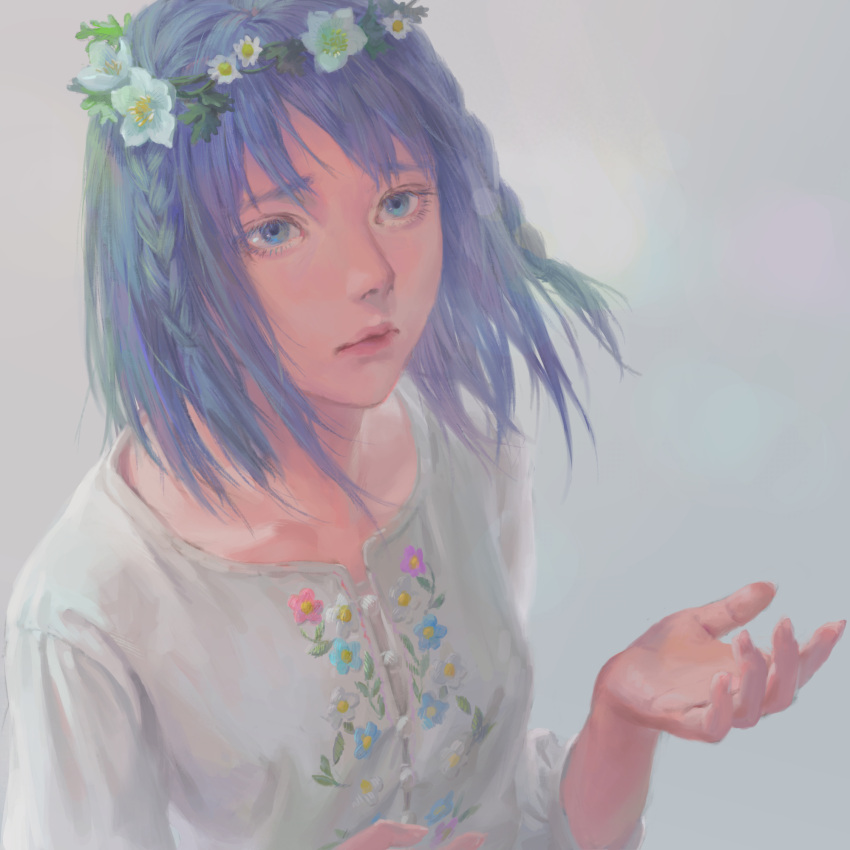 1girl alternate_hairstyle blue_eyes blue_hair braid closed_mouth daisy dress flower grey_background hair_flower hair_ornament hands_up hatsune_miku highres lips looking_at_viewer pink_lips short_hair short_sleeves simple_background solo tunapon01 vocaloid white_dress