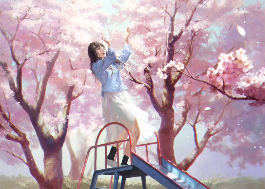 1girl :o black_legwear blue_jacket brown_eyes brown_hair cherry_blossoms day hands_up highres jacket long_sleeves original outdoors shoes skirt slide socks solo standing tree tunapon01 white_footwear white_skirt