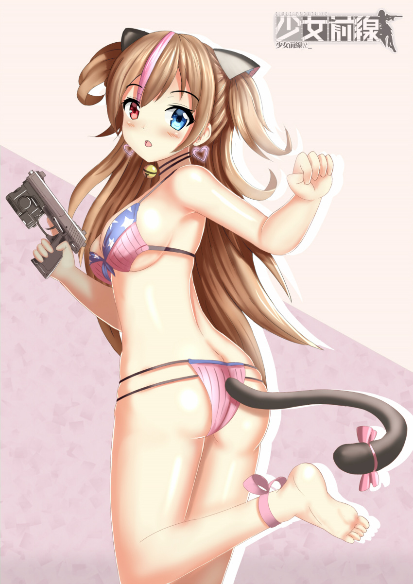 1girl american_flag american_flag_bikini american_flag_print animal_ears arlly_radithia armpits ass bell bell_choker bikini blue_eyes blush breasts brown_hair butt_crack cat_ears cat_tail choker cleavage clenched_hand earrings eyebrows_visible_through_hair flag_print from_behind girls_frontline gun handgun heart heart_earrings heckler_&amp;_koch heterochromia highres hk_mark_23 holding holding_gun holding_weapon jewelry leg_ribbon long_hair looking_at_viewer looking_back medium_breasts mk_23_(girls_frontline) multicolored_hair one_leg_raised open_mouth pink_ribbon pistol red_eyes ribbon shiny shiny_skin skindentation soles solo summer swimsuit tail thighs trigger_discipline weapon