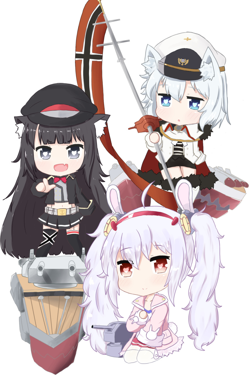 3girls :o ahoge anchor_symbol animal_ears azur_lane bailingxiao_jiu bangs black_eyes black_hair black_hat black_jacket black_legwear black_skirt blue_eyes blunt_bangs blush boots camisole cannon cape cat_ears chibi closed_mouth collarbone commentary_request eyebrows_visible_through_hair flag fur-trimmed_boots fur-trimmed_cape fur-trimmed_jacket fur_trim grey_shirt hair_between_eyes hair_ornament hairband hat heart heart-shaped_pupils highres holding holding_flag jacket kemonomimi_mode laffey_(azur_lane) long_hair long_sleeves looking_at_another looking_at_viewer looking_to_the_side midriff military_hat mismatched_legwear multiple_girls navel norwegian_flag open_clothes open_jacket parted_lips peaked_cap pink_jacket pleated_skirt pointing pointing_at_viewer rabbit_ears red_cape red_eyes red_hairband red_skirt seiza shirt silver_hair simple_background sitting skirt sleeves_past_fingers sleeves_past_wrists smile standing symbol-shaped_pupils thigh-highs thigh_boots tirpitz_(azur_lane) torpedo turret very_long_hair white_background white_camisole white_footwear white_hat white_jacket white_legwear z19_hermann_kunne_(azur_lane)