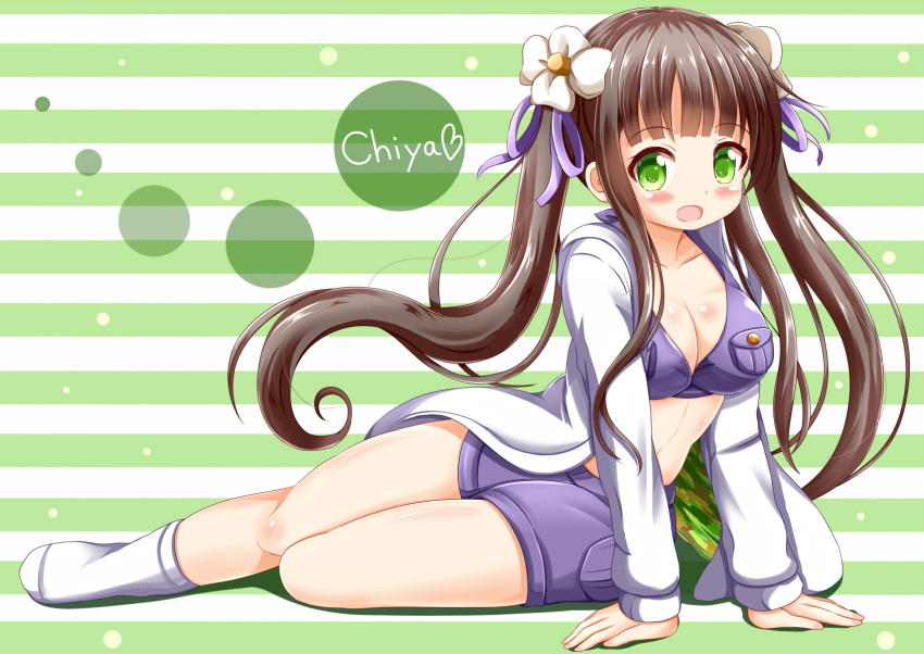 1girl bangs bikini_top blunt_bangs breasts brown_hair character_name cleavage collarbone commentary_request flower gochuumon_wa_usagi_desu_ka? green_eyes grey_bikini_top grey_shorts hair_flower hair_ornament heart highres horizontal-striped_background jacket large_breasts long_hair long_sleeves short_shorts shorts sitting socks solo two-tone_background ujimatsu_chiya white_flower white_jacket white_legwear zenon_(for_achieve)