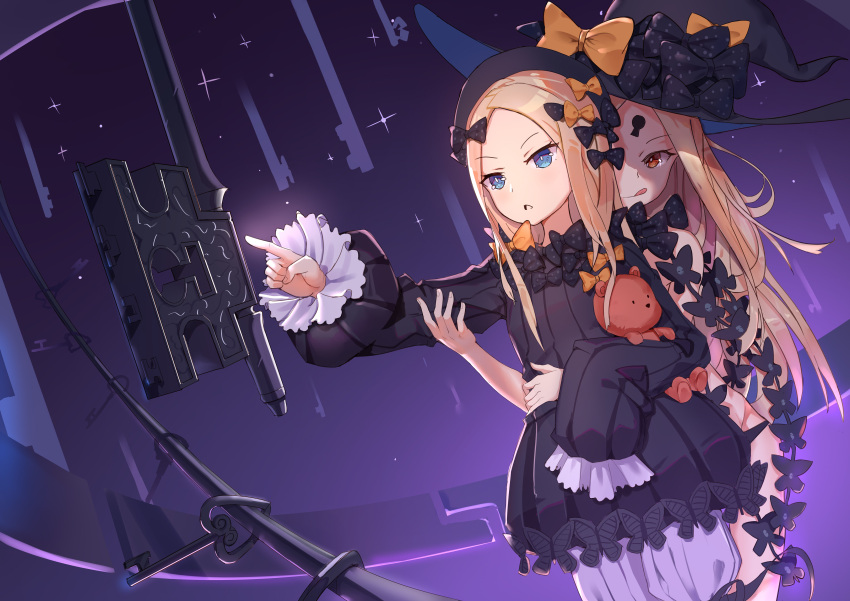 2girls :q abigail_williams_(fate/grand_order) absurdres arm_around_waist bangs black_bow black_dress black_hat black_panties blonde_hair bloomers blue_eyes bow brown_eyes butterfly closed_mouth commentary_request dress dual_persona dutch_angle eyebrows_visible_through_hair fate/grand_order fate_(series) fingernails forehead hair_bow hat highres key long_hair long_sleeves looking_at_viewer multiple_girls object_hug orange_bow outstretched_arm oversized_object panties parted_bangs parted_lips polka_dot polka_dot_bow revealing_clothes sleeves_past_fingers sleeves_past_wrists smile stuffed_animal stuffed_toy teddy_bear tongue tongue_out underwear very_long_hair white_bloomers wind_gone_rain_cease