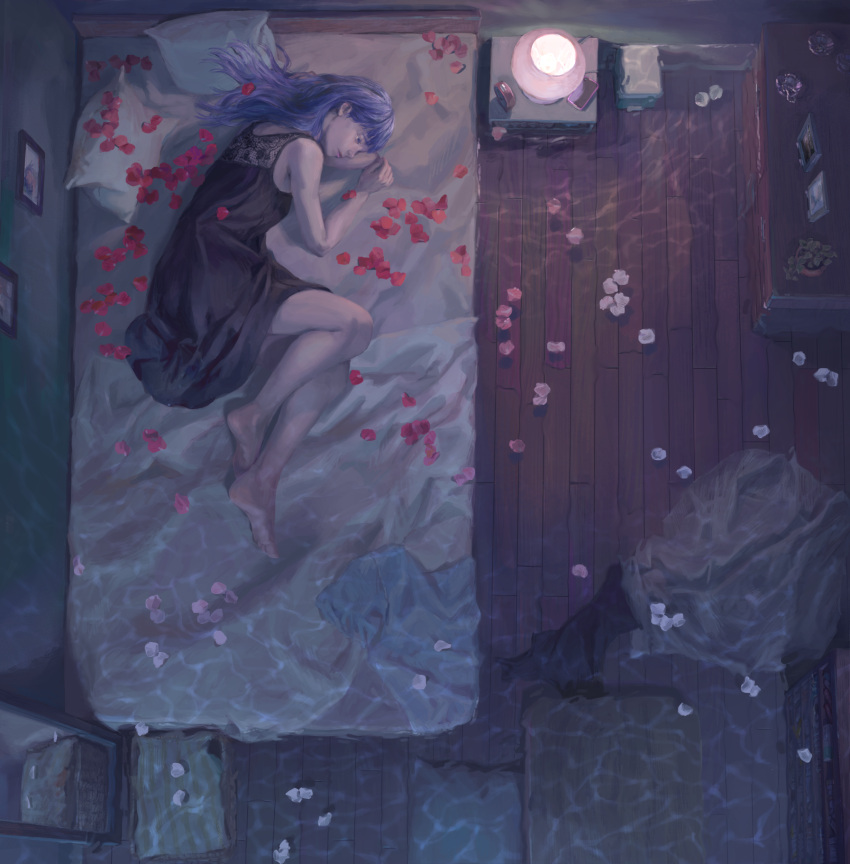 1girl alarm_clock bare_arms bare_legs bare_shoulders barefoot bed_sheet blue_hair clock closed_mouth clothes_removed flood from_above highres indoors lamp lying nightgown on_side original petals pillow portrait_(object) rose_petals solo tunapon01 water wooden_floor