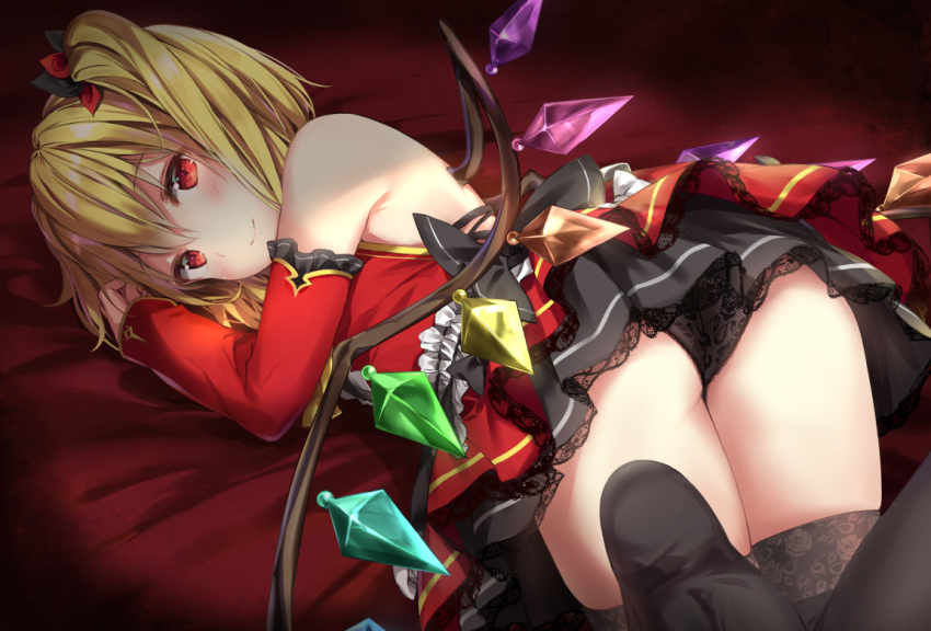 1girl adapted_costume ass backless_outfit bare_shoulders black_legwear black_panties black_ribbon blonde_hair closed_mouth commentary_request detached_sleeves dress flandre_scarlet hair_ribbon izuru layered_dress looking_at_viewer lying on_stomach one_side_up open-back_dress panties red_dress red_eyes red_ribbon ribbon smile solo thigh-highs touhou underwear wings