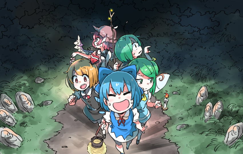 5girls antennae blonde_hair blue_bow blue_hair bow brown_hat bush candle cirno closed_eyes commentary_request daiyousei dosojin facing_viewer fairy_wings feathered_wings fire grass green_eyes green_hair hair_bow hair_ribbon hat head_wings holding_candle ice ice_wings lantern light multiple_girls mystia_lorelei nervous open_mouth pink_hair plant pointing red_eyes red_ribbon ribbon rumia short_hair statue stick sweat team_9 touhou wings wriggle_nightbug zk_(zk_gundan)