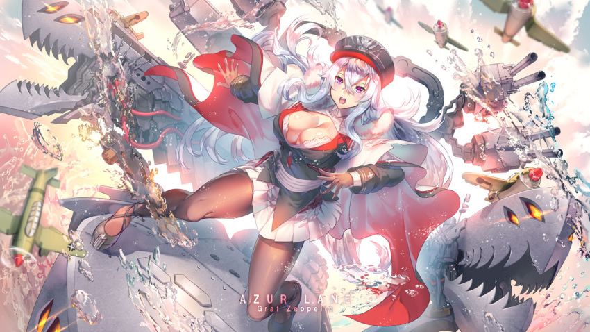 1girl aguy aircraft airplane arm_up azur_lane bangs black_gloves black_legwear bra breasts cannons cape character_name cleavage clouds crossed_bangs eyebrows_visible_through_hair floating_hair fur_trim gloves graf_zeppelin_(azur_lane) hair_between_eyes hat iron_cross jacket lace lace-trimmed_bra large_breasts long_hair looking_at_viewer machinery military military_uniform outdoors outstretched_arm outstretched_hand pantyhose peaked_cap red_eyes rigging sash sidelocks silver_hair skirt solo splashing turrets underwear uniform water wind wind_lift